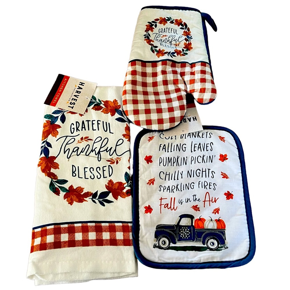 Fall Kitchen Linens Bundle Oven Mitts Dish Rags NEW